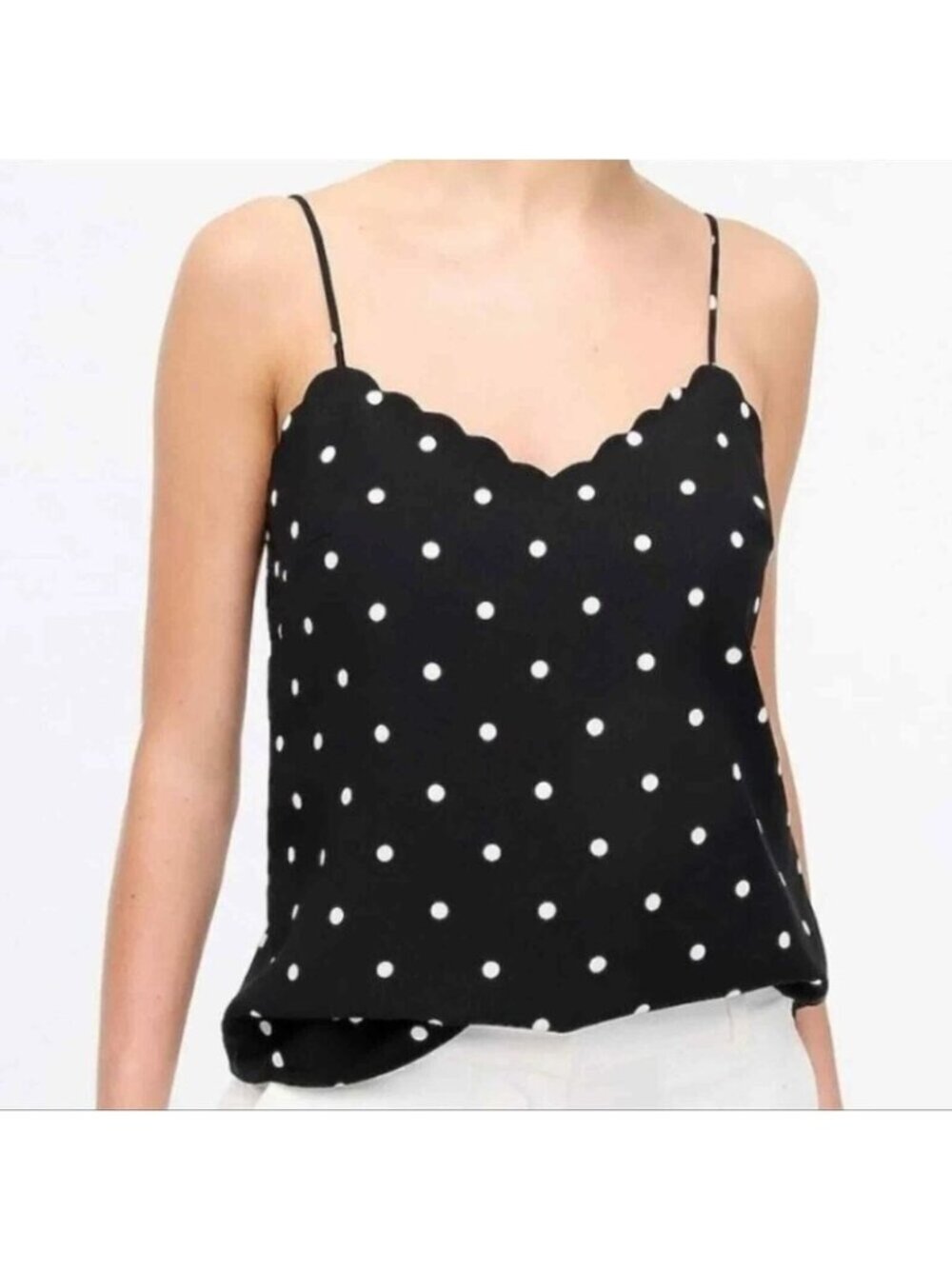 J. Crew Polka Dot Sleeveless Scalloped Cami Tank Top Black/White Staple Casual 6